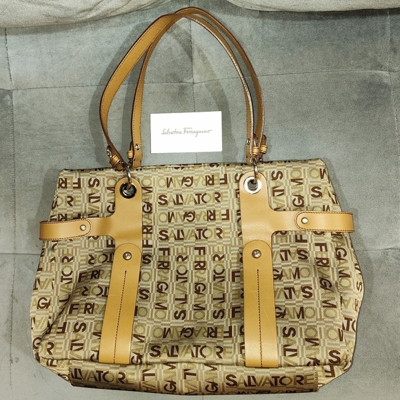 SALVATORE FERRAGAMO SIGARO MONOGRAM CANVAS WITH TAN LEATHER TOTE / SHOULDER BAG - Picture 9 of 16